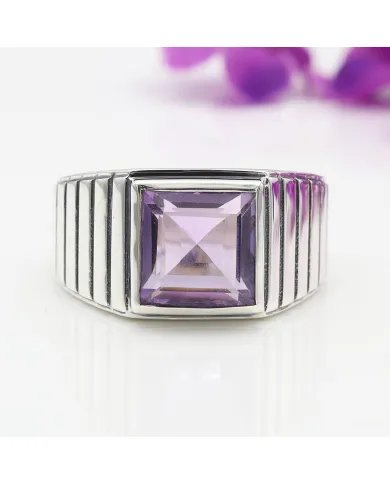 Amethyst Ring - Handmade 925 Sterling Silver Square Gemstone Jewelry