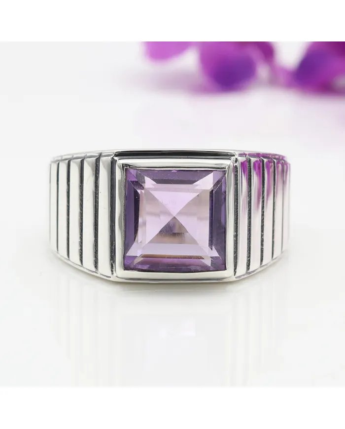 Amethyst Ring - Handmade 925 Sterling Silver Square Gemstone Jewelry