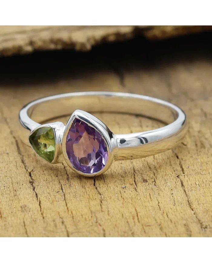 Amethyst & Peridot Gemstone Ring – 925 Sterling Silver Gemstone Jewelry
