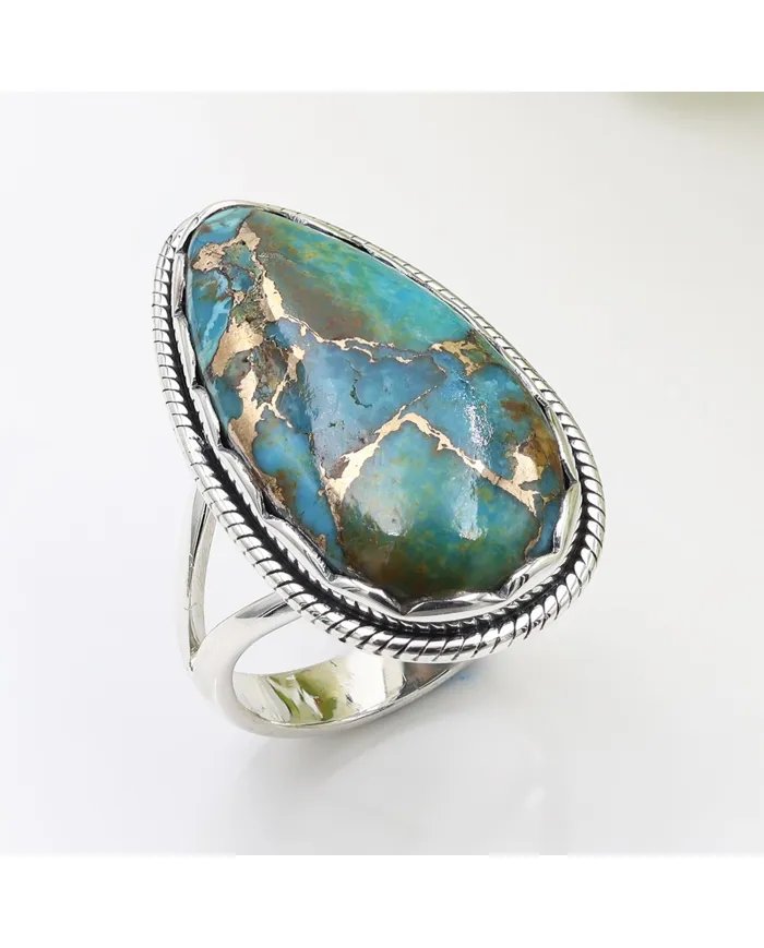 Blue Copper Turquoise Ring – 925 Sterling Silver Boho Statement Jewelry