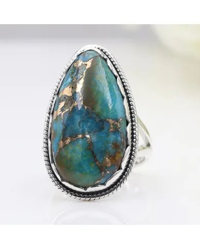 Blue Copper Turquoise Ring – 925 Sterling Silver Boho Statement Jewelry