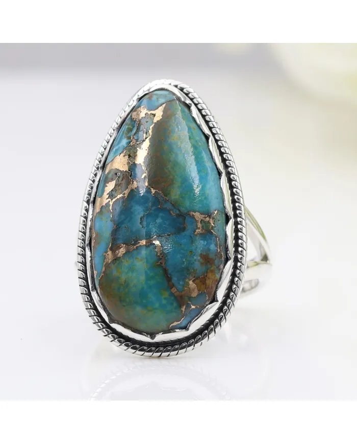 Blue Copper Turquoise Ring – 925 Sterling Silver Boho Statement Jewelry