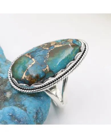 Blue Copper Turquoise Ring – 925 Sterling Silver Boho Statement Jewelry