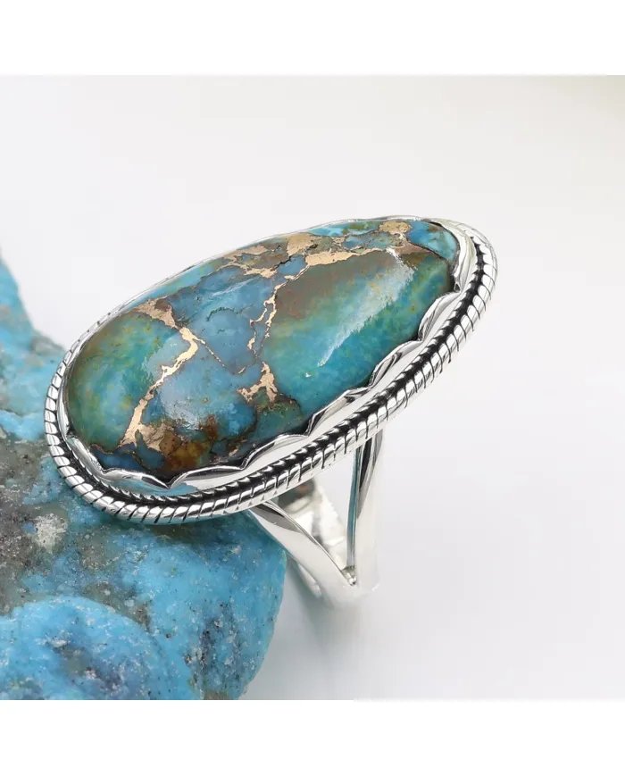 Blue Copper Turquoise Ring – 925 Sterling Silver Boho Statement Jewelry