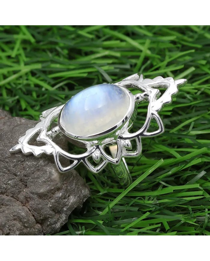 Rainbow Moonstone Ring - 925 Sterling Silver Handmade Bohemian Jewelry