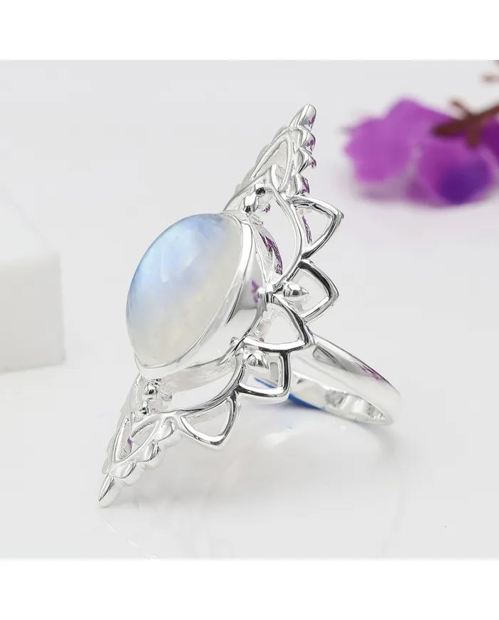 Rainbow Moonstone Ring - 925 Sterling Silver Handmade Bohemian Jewelry