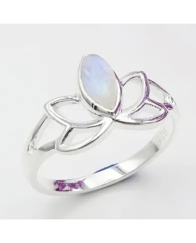 Rainbow Moonstone Lotus Ring – 925 Sterling Silver Handmade Gift for her