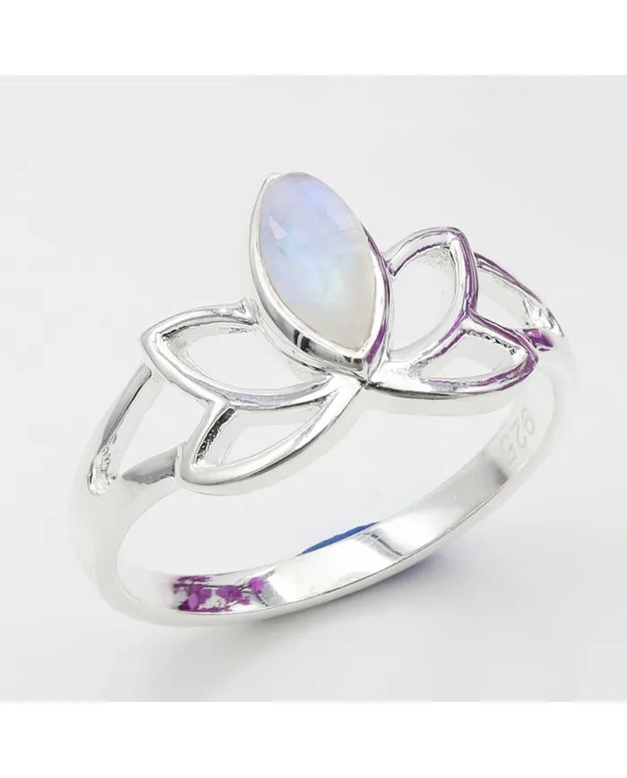 Rainbow Moonstone Lotus Ring – 925 Sterling Silver Handmade Gift for her