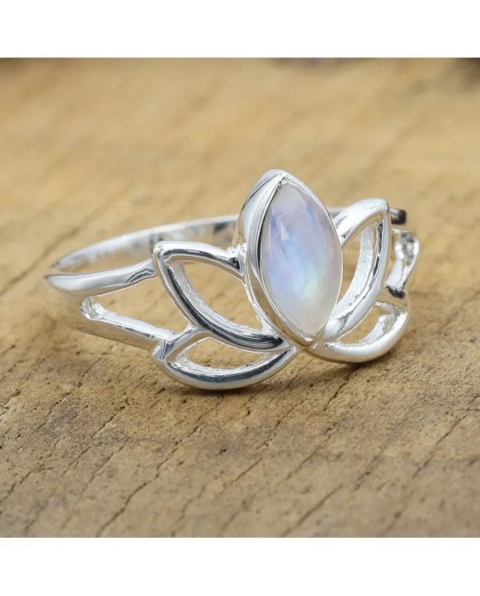 Rainbow Moonstone Lotus Ring – 925 Sterling Silver Handmade Gift for her