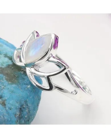 Rainbow Moonstone Lotus Ring – 925 Sterling Silver Handmade Gift for her