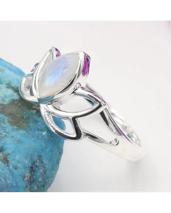 Rainbow Moonstone Lotus Ring – 925 Sterling Silver Handmade Gift for her