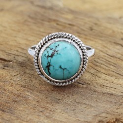 Turquoise Ring, Silver Ring, Solitaire Ring, Round Tibetan Turquoise Ring, Statement Ring, Engagement Ring, Vintage Ring for Her