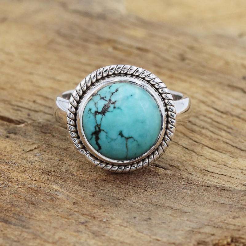 Turquoise Ring, Silver Ring, Solitaire Ring, Round Tibetan Turquoise Ring, Statement Ring, Engagement Ring, Vintage Ring for Her