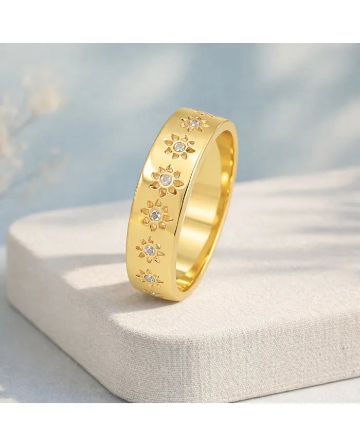 Swarovski Crystal Sunburst Ring - Gold Plated 925 Silver Handmade Jewelry