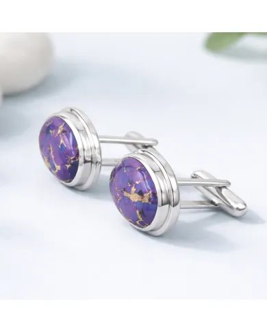 Purple Copper Turquoise Cufflinks - 925 Sterling Silver Men's Jewelry