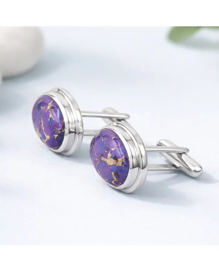 Purple Copper Turquoise Cufflinks - 925 Sterling Silver Men's Jewelry