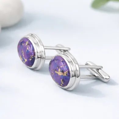 Purple Copper Turquoise Cufflinks - 925 Sterling Silver Men's Jewelry
