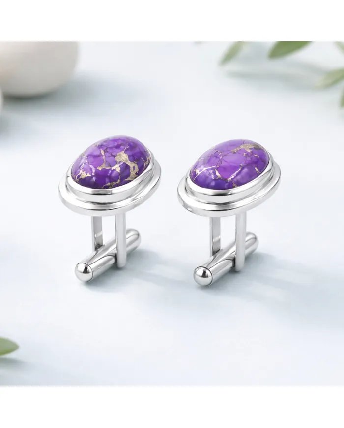 Purple Copper Turquoise Cufflinks - 925 Sterling Silver Men's Jewelry