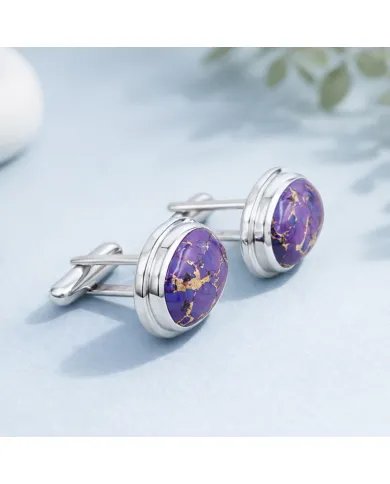 Purple Copper Turquoise Cufflinks - 925 Sterling Silver Men's Jewelry