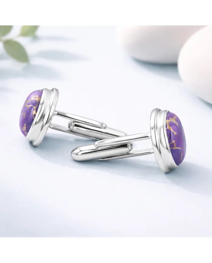 Purple Copper Turquoise Cufflinks - 925 Sterling Silver Men's Jewelry