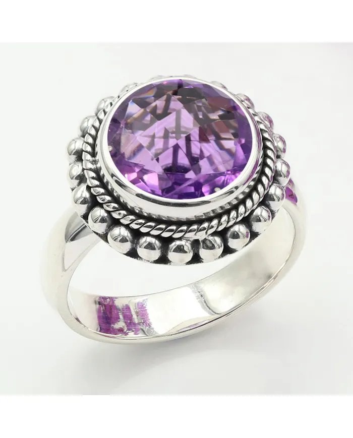 Amethyst Boho Ring in 925 Sterling Silver - Round Gemstone Jewelry