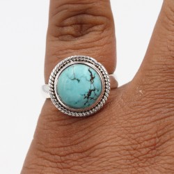 Turquoise Ring, Silver Ring, Solitaire Ring, Round Tibetan Turquoise Ring, Statement Ring, Engagement Ring, Vintage Ring for Her