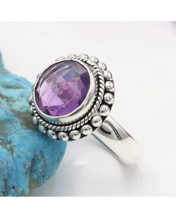 Amethyst Boho Ring in 925 Sterling Silver - Round Gemstone Jewelry