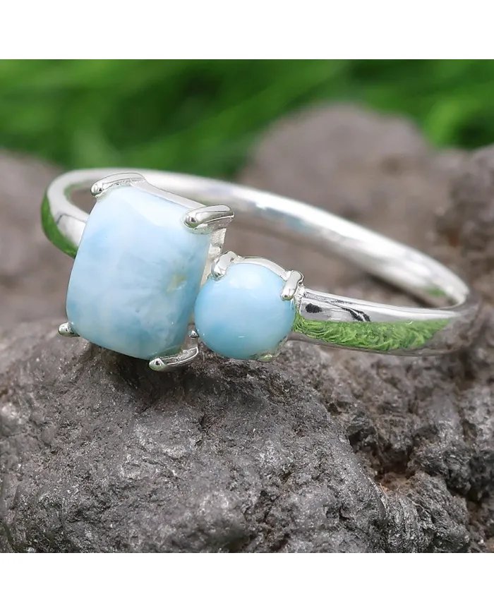 Natural Larimar Ring - 925 Sterling Silver Handmade Minimalist Jewelry