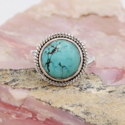 Turquoise Ring, Silver Ring, Solitaire Ring, Round Tibetan Turquoise Ring, Statement Ring, Engagement Ring, Vintage Ring for Her