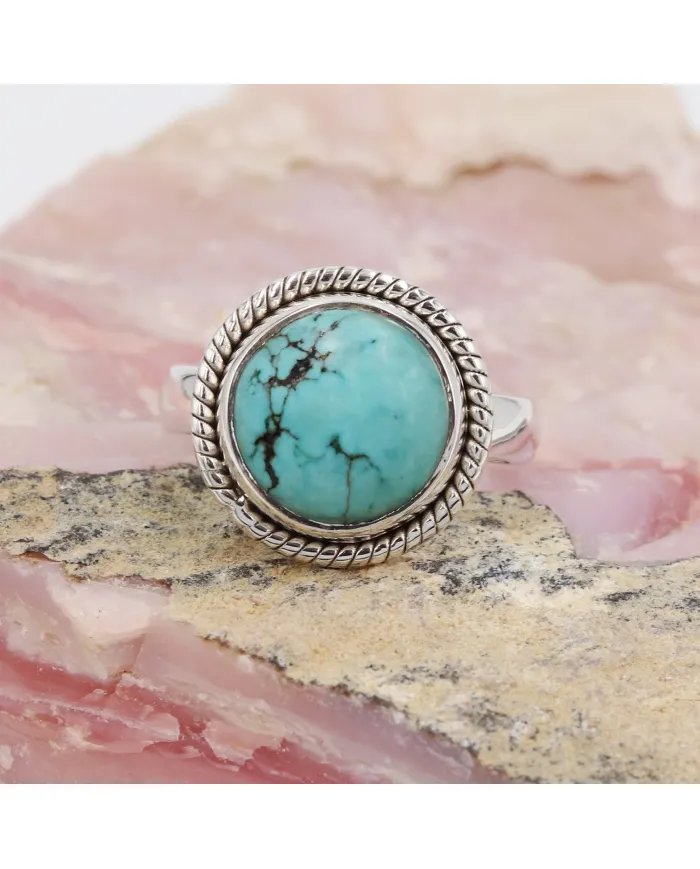 Tibetan Turquoise Gemstone Ring - 925 Sterling Silver Handmade Jewelry