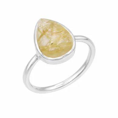 Rutilated Quartz Gemstone Ring – Handmade 925 Silver, Pear Shape