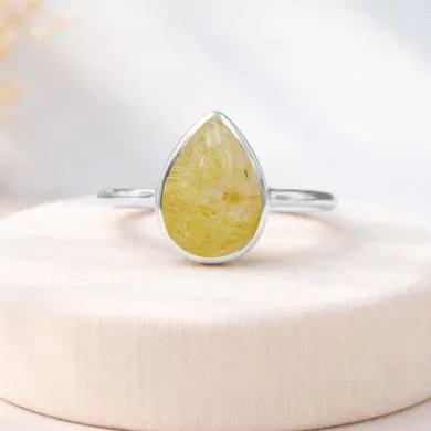 Rutilated Quartz Gemstone Ring – Handmade 925 Silver, Pear Shape