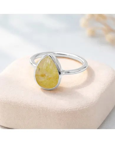 Rutilated Quartz Gemstone Ring – Handmade 925 Silver, Pear Shape