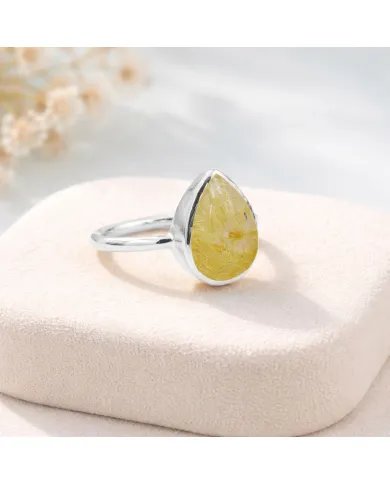Rutilated Quartz Gemstone Ring – Handmade 925 Silver, Pear Shape