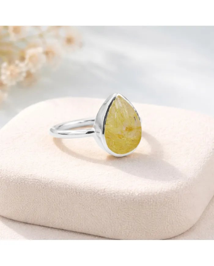 Rutilated Quartz Gemstone Ring – Handmade 925 Silver, Pear Shape