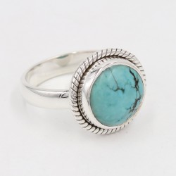 Turquoise Ring, Silver Ring, Solitaire Ring, Round Tibetan Turquoise Ring, Statement Ring, Engagement Ring, Vintage Ring for Her