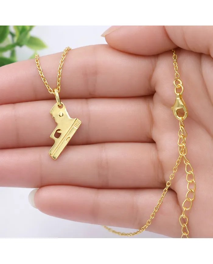 Gold Plated 925 Silver Pistol Pendant – Handmade Unisex Gun Necklace