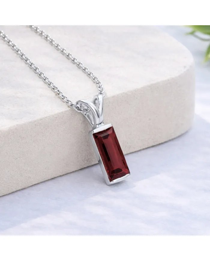 Baguette Garnet Pendant - 925 Sterling Silver Handmade Gift for Her