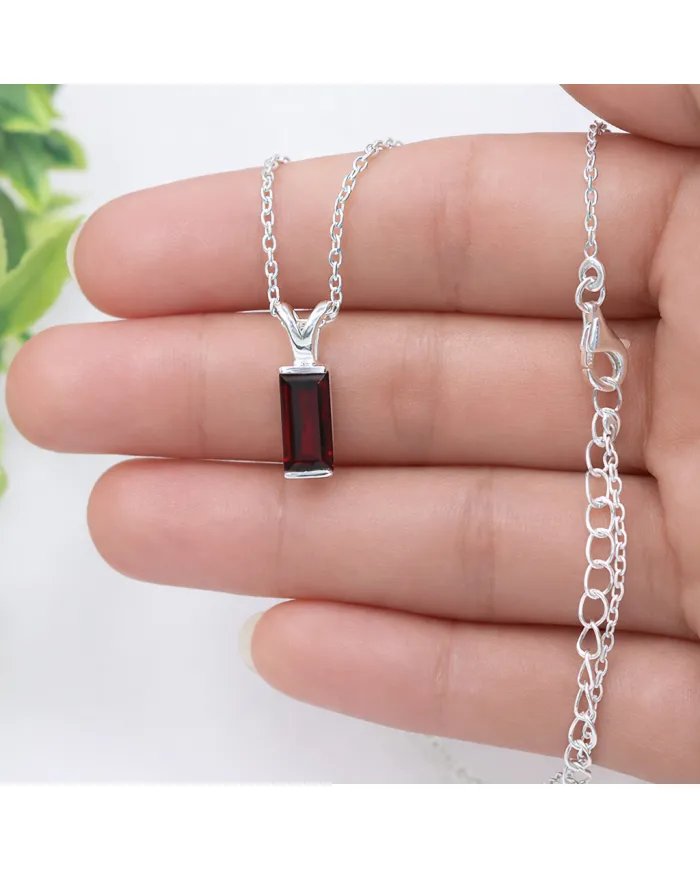 Baguette Garnet Pendant - 925 Sterling Silver Handmade Gift for Her