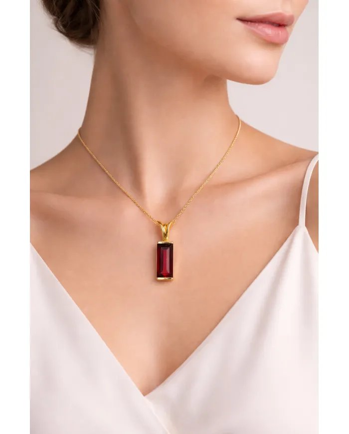 Baguette Garnet Pendant - Gold Plated 925 Silver Handmade Gift for Her