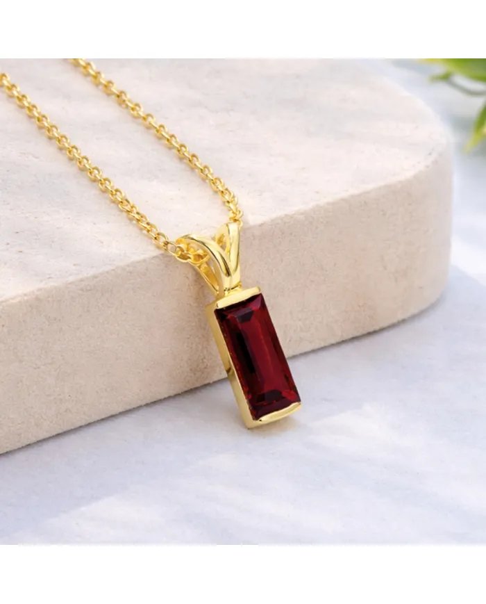 Baguette Garnet Pendant - Gold Plated 925 Silver Handmade Gift for Her