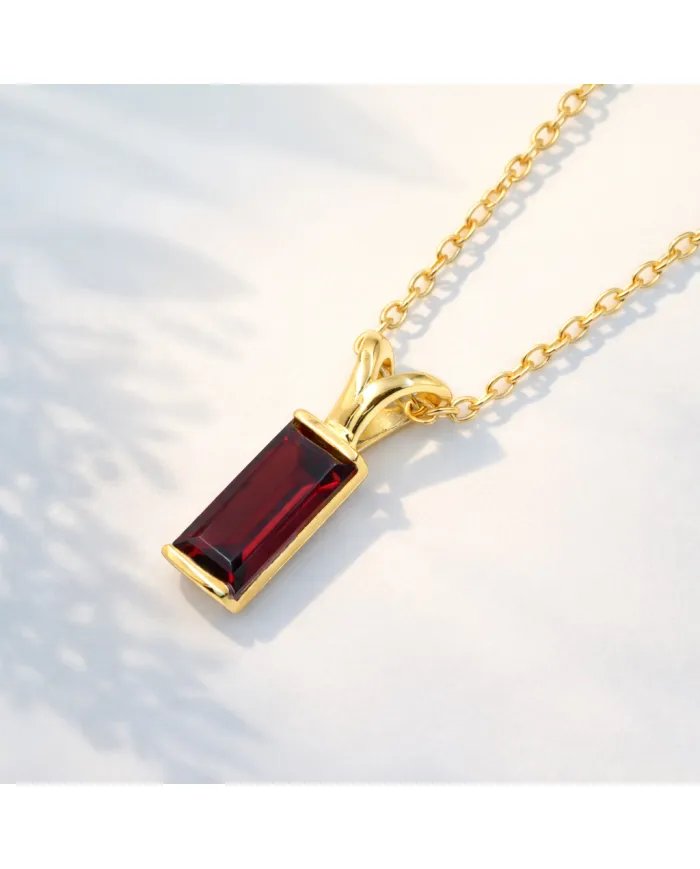 Baguette Garnet Pendant - Gold Plated 925 Silver Handmade Gift for Her