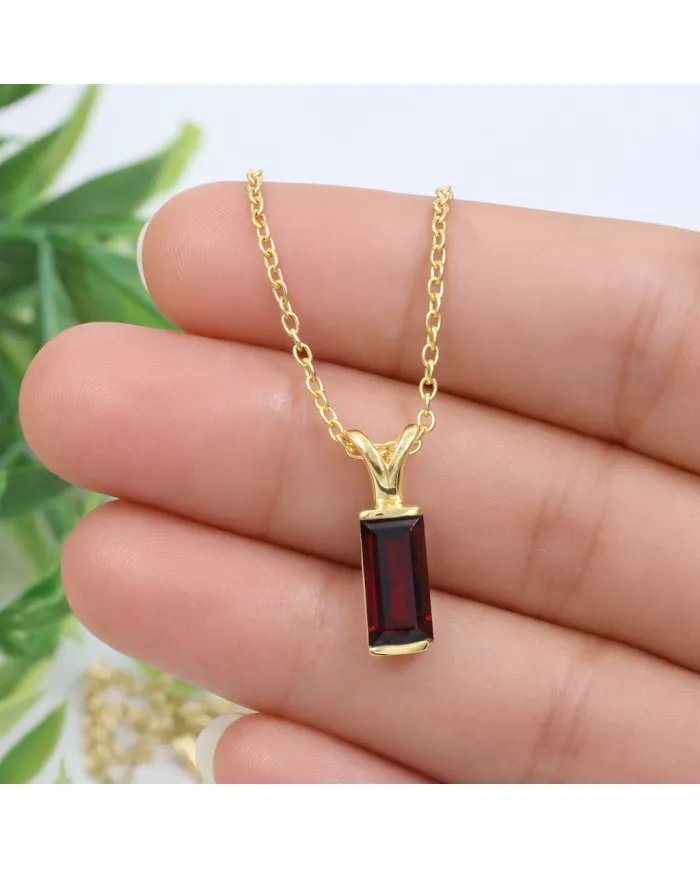 Baguette Garnet Pendant - Gold Plated 925 Silver Handmade Gift for Her