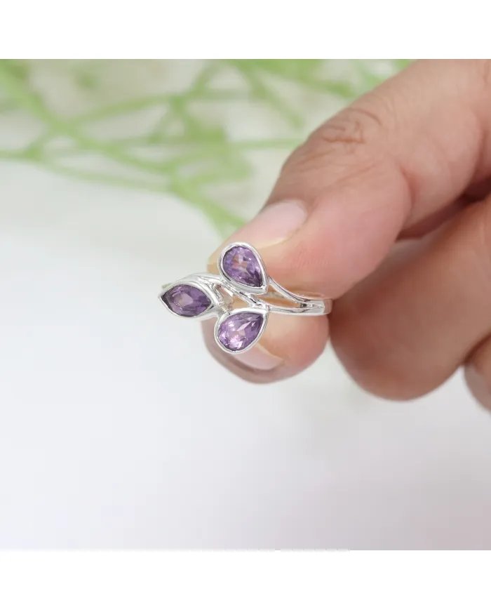 Amethyst Leaf Ring - 925 Sterling Silver Handmade Purple Gemstone