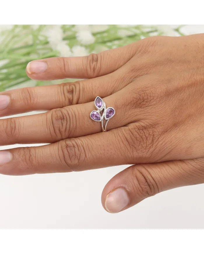 Amethyst Leaf Ring - 925 Sterling Silver Handmade Purple Gemstone