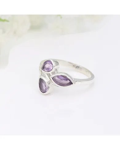 Amethyst Leaf Ring - 925 Sterling Silver Handmade Purple Gemstone