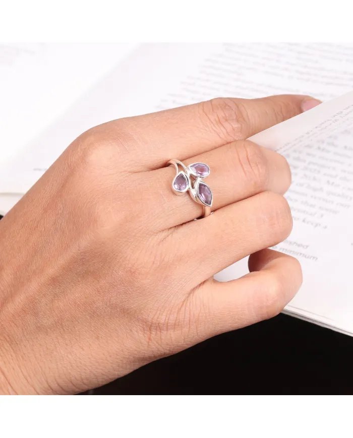 Amethyst Leaf Ring - 925 Sterling Silver Handmade Purple Gemstone