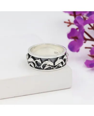 Sterling Silver Dolphin Spinner Ring - Handmade Nautical Ocean Jewelry