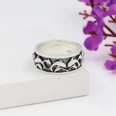 Sterling Silver Dolphin Spinner Ring - Handmade Nautical Ocean Jewelry