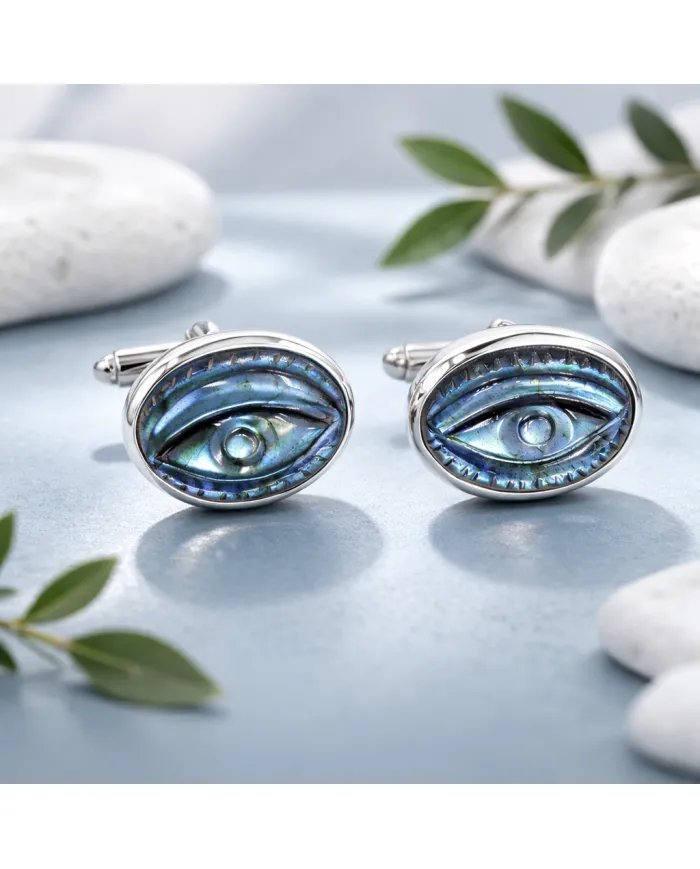 Labradorite Cufflinks for Men – 925 Sterling Silver Handmade Eye Carved